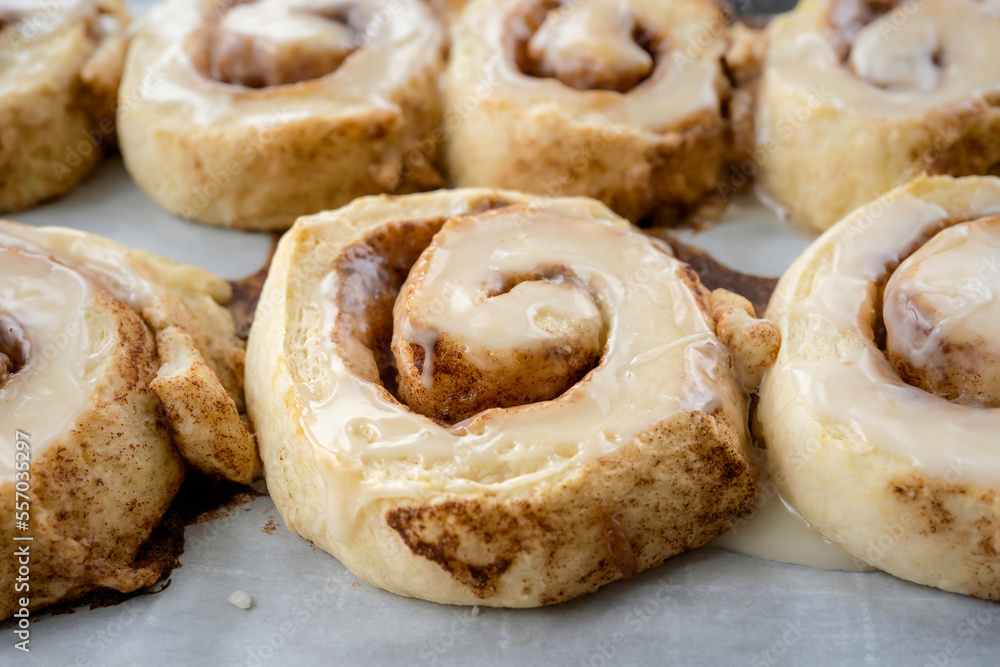Homemade cinnamon buns fresh and frosted. On a parchement paper lined cookie sheet. Homemade cinnamon buns fresh and frosted. On a parchement paper lined cookie sheet.