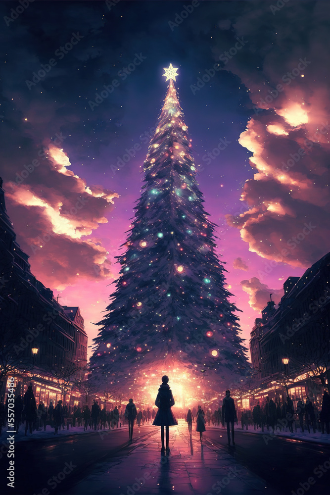beautiful night scenery, christmas tree on the city square, wallpaper, lights, art illustration