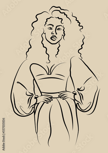 African woman in dress line drawing beige poster.