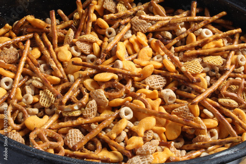 Nibbles and Bites: closeup of cereal snack mix for Christmas and New Years parties.