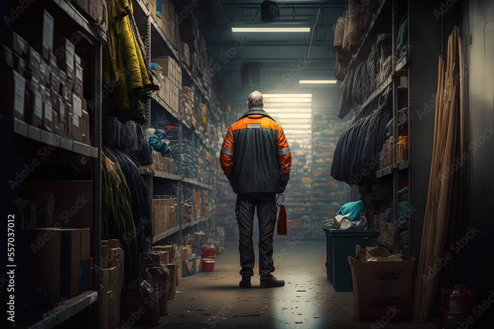 Fototapeta premium Standing in the storage area is a storehouse employee. Generative AI