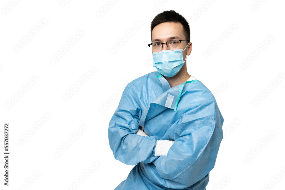 Young Doctor Intern student in medical mask and bathrobe, isolated transparent background.