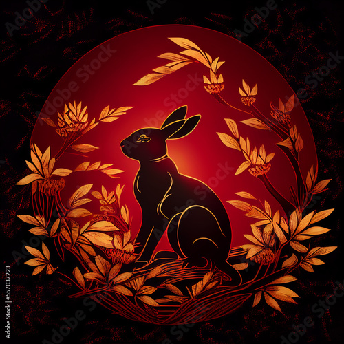 Black Rabbit Red Gold Leaf Chinese New Year Of The Rabbit Holiday Celebration 2023 Generative AI Tools Technology illustration