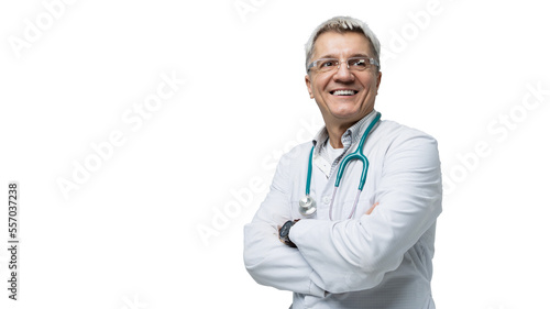 Fotografi The doctor is an adult smart smiling in a bathrobe with glasses, isolated transparent background