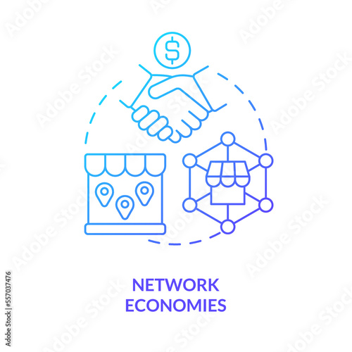 Network economies blue gradient concept icon. Advantage of merger abstract idea thin line illustration. Retail chains. Mass distribution. Isolated outline drawing. Myriad Pro-Bold font used