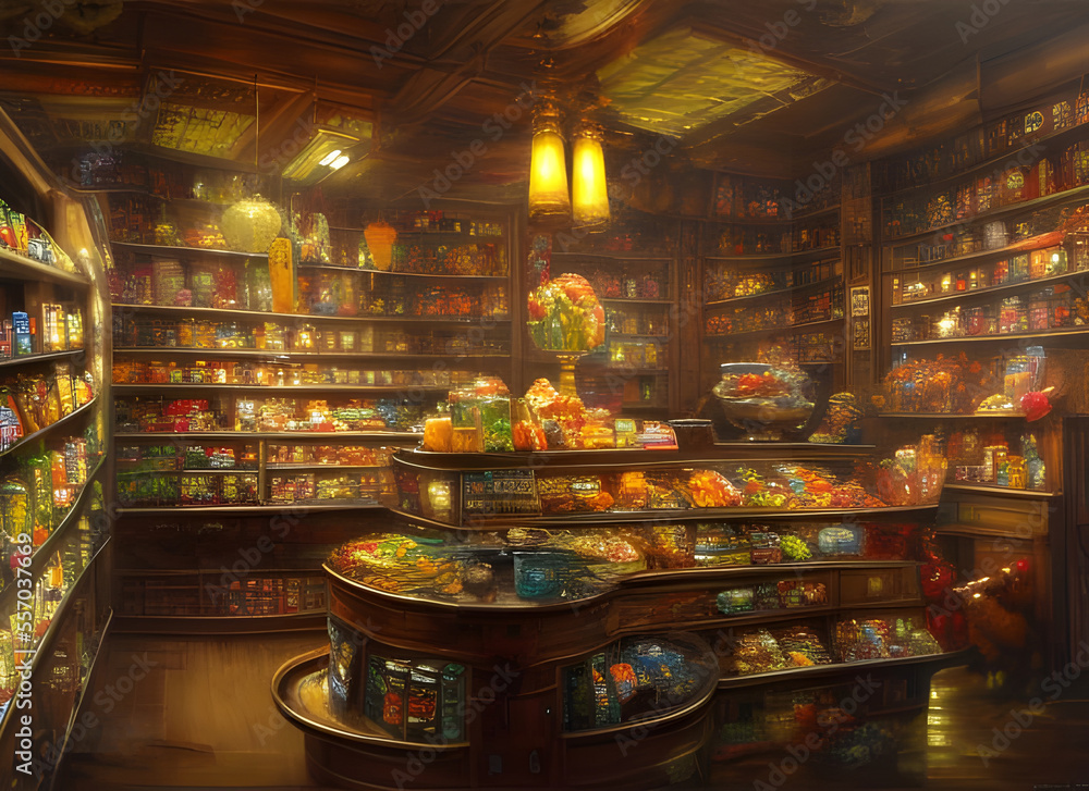 The interior of an old fashioned sweet shop with jars of sweets and confectionaries on a counter and on shelves. generative ai illustration.