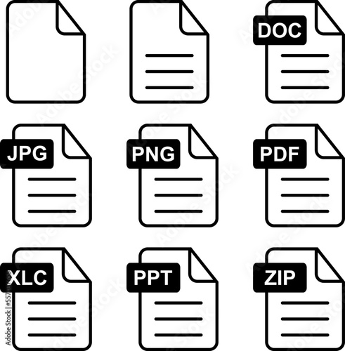 File, icon vector. Black and white icons in the form of a file with popular file extensions.