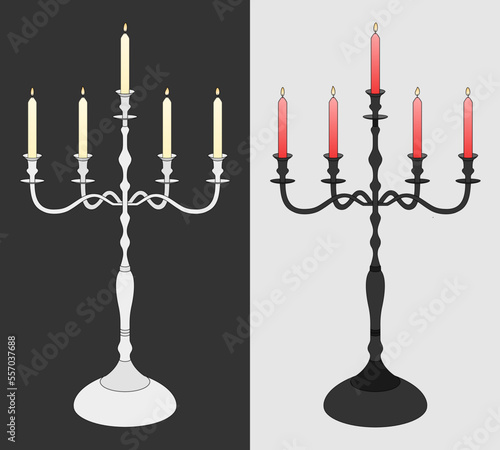 Illustration vectorielle de deux chandeliers avec des bougies allumées pour un dîner aux chandelles ou faire une ambiance à l'ancienne