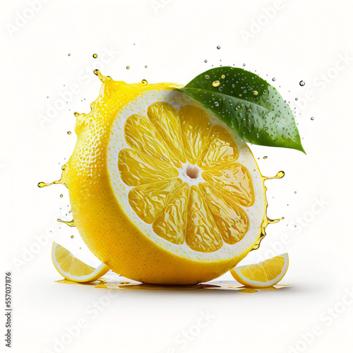 Lemon fruit with leaf and water drops isolated on white background. 3d illustration 
