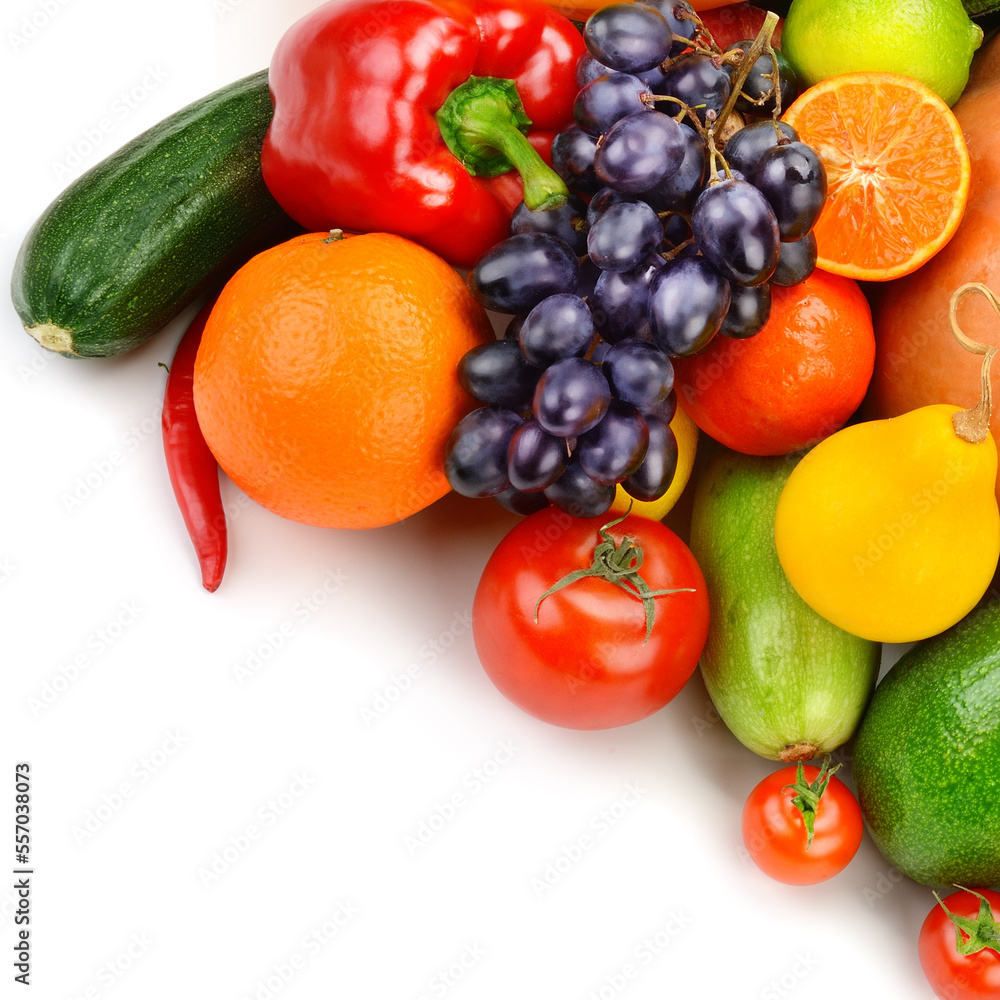 Fruits and vegetables isolated on white . Free space for text. Fruits and vegetables isolated on white . Free space for text.