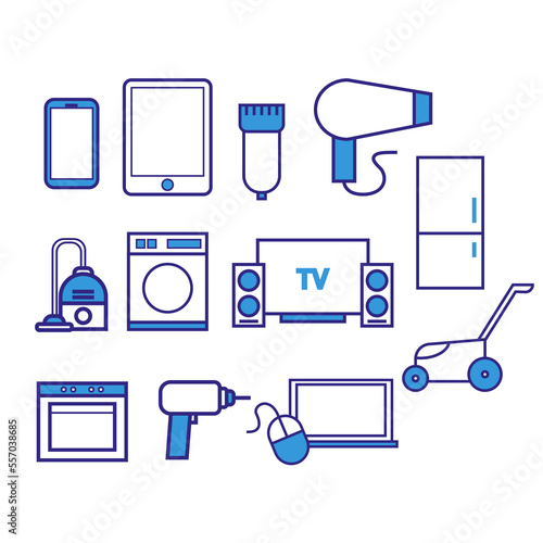 set of doodle icons household appliances, household and garden appliances, linear icon, hand drawing