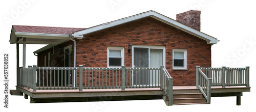 Small suburban brick house with a deck, transparent PNG.