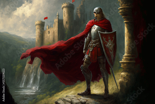 Sword wielding knight standing against a medieval castle background. Illustration from a story of a warrior or paladin wearing a crimson cloak in a stone mountain valley with a royal palace perched on photo