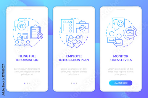 Stop mass exodus at work blue gradient onboarding mobile app screen. Walkthrough 3 steps graphic instructions with linear concepts. UI, UX, GUI template. Myriad Pro-Bold, Regular fonts used