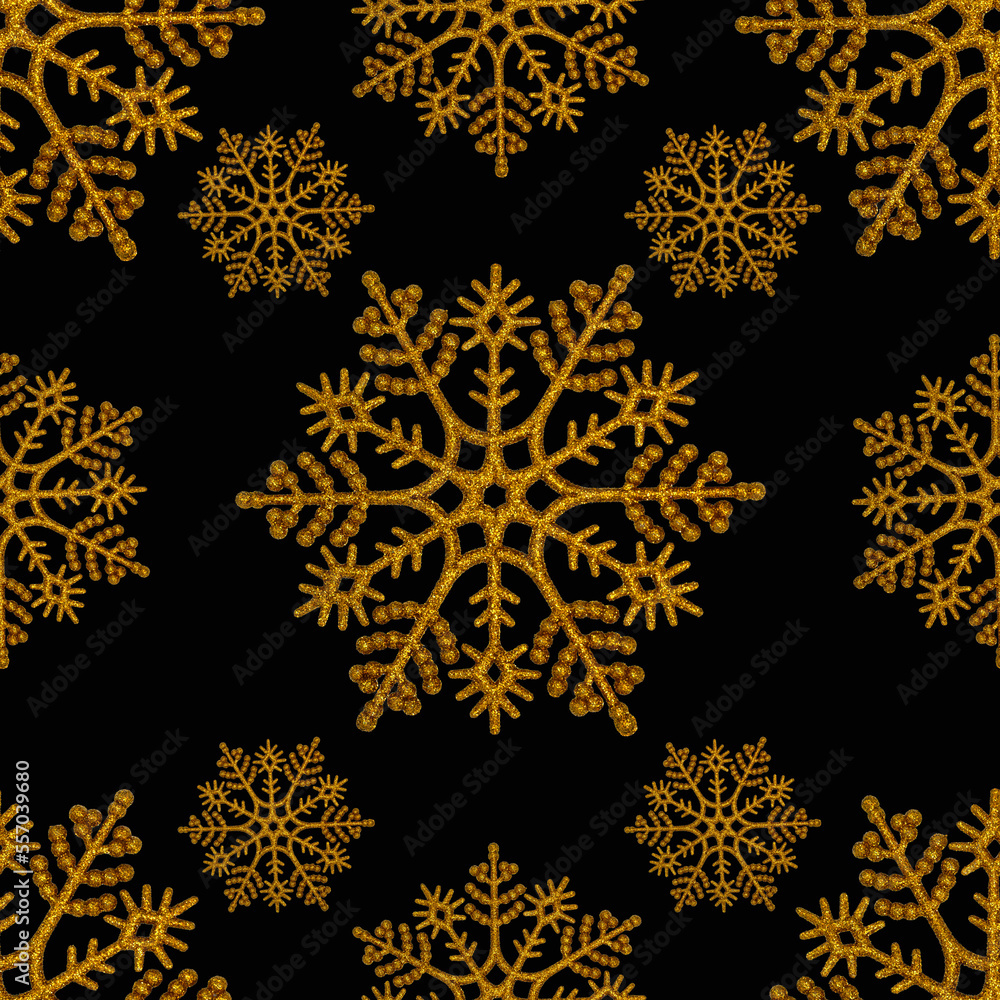 Seamless pattern. Winter pattern. Golden snowflakes on a black background. Seamless pattern. Winter pattern. Golden snowflakes on a black background.