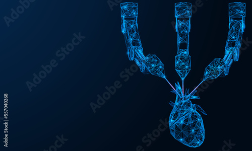 Robotic printer prints a human heart. Polygonal design of interconnected lines and points. Blue background.