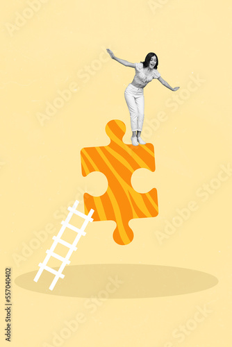 Vertical collage portrait of impressed little black white effect girl climb big puzzle piece isolated on drawing background