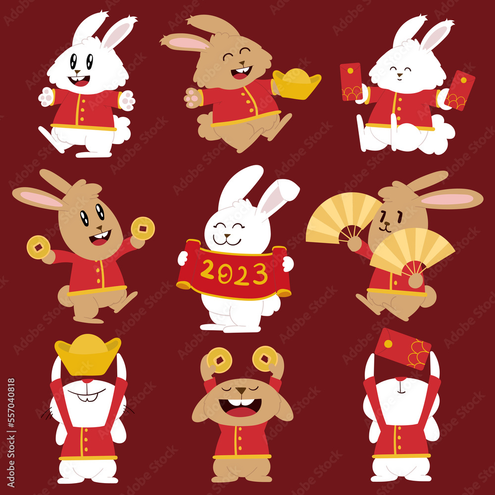 Happy Chinese new year with cute rabbit with wealth gold money. Animal holidays cartoon character Happy Chinese new year with cute rabbit with wealth gold money. Animal holidays cartoon character