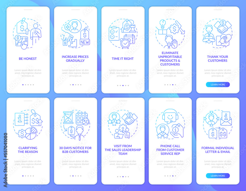 Increasing prices blue gradient onboarding mobile app screen set. Retain client walkthrough 5 steps graphic instructions with linear concepts. UI, UX, GUI template. Myriad Pro-Bold, Regular fonts used
