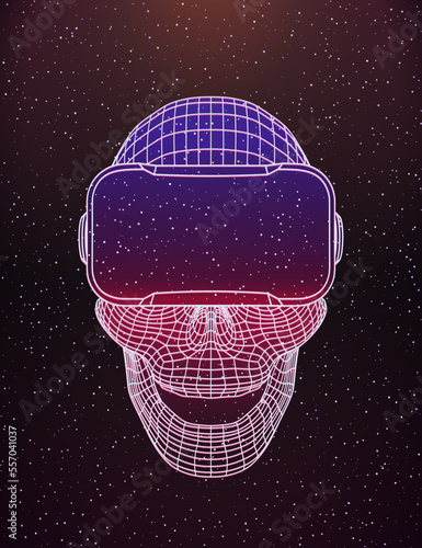 Wireframe Human Skull With Virtual Reality Headset Among Stars. Retro Futuristic Template in 80s Style