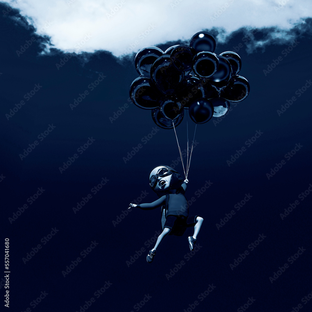 little boy cartoon holding and floating balloon