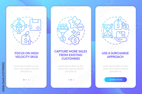 Strategies for raising prices blue gradient onboarding mobile app screen. Walkthrough 3 steps graphic instructions with linear concepts. UI, UX, GUI template. Myriad Pro-Bold, Regular fonts used