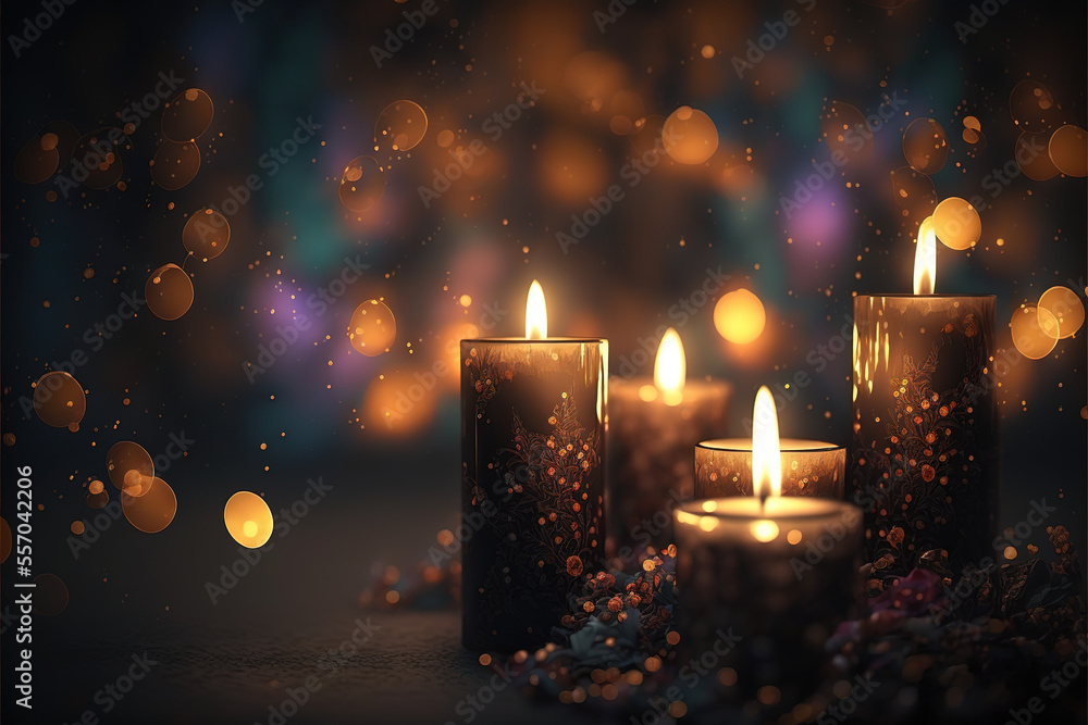 Advent candles and christmas decorations, cozy lights. Bokeh background