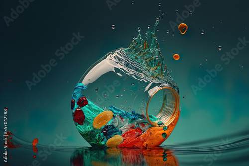 Microplastics and problematic plastic bottle floating in the water. Generative AI © 2rogan