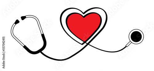 Stethoscope, heart icon. Doctor tool. Stethoscope cardio device. Healthcare, heartbeat pictogram. Medical stethoscope, is an instrument for listening to sounds in the body. Heart check, line pulse.