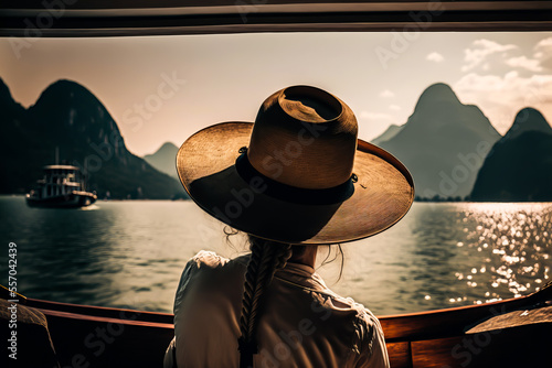 Female in a hat relaxing on boat near tropical island in Thailand. Rear view on a female in a boat. Summer vacation travel. Generative AI young lady traveler in a boat journey.