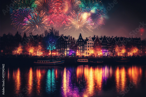 Beautiful calm night view of city on river side, reflections, water. beautiful vivid colors. Amsterdam city. Fireworks display. Celebration concept