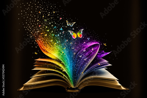 Open bewitched book with magic glow and buttlerflyes on black background. Imagination, dream or magic concept when reading book. Generative AI fairytale book illustration.