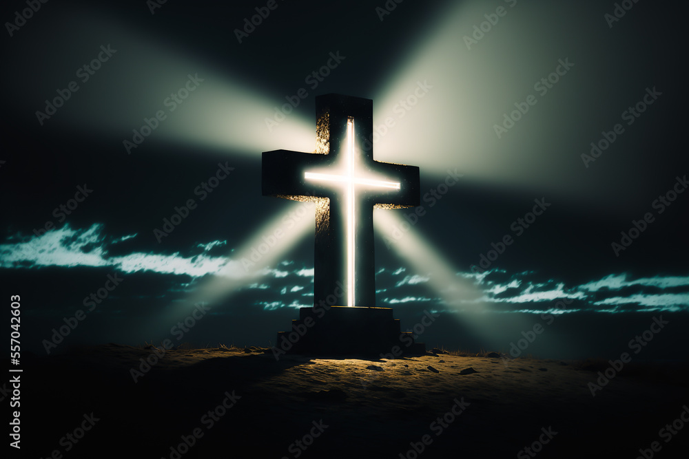 Christian cross on top of the hill in sun rays. Christian symbol - cross in a sun rays. Religion bacgkround. Christian religion concept for post cards, posters or backgrounds, Generative AI.
