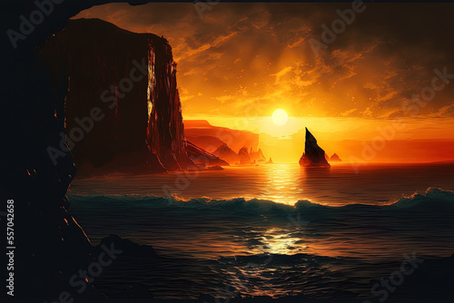 View of a vast, tranquil ocean at sunset with untamed cliffs in orange power of nature freedom journey. Generative AI