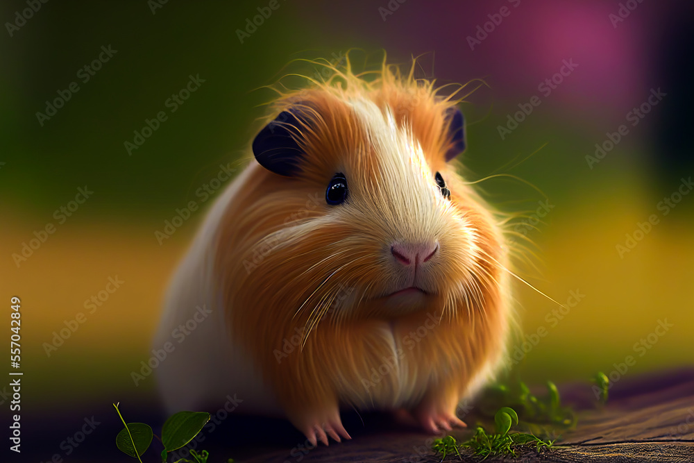 Portrait of cute red guinea pig on a mewdow at sunny day. Guinea pig looking at camera. Generative AI small guinea pig. Funny animals postcards. Portrait of cute red guinea pig on a mewdow at sunny day. Guinea pig looking at camera. Generative AI small guinea pig. Funny animals postcards.