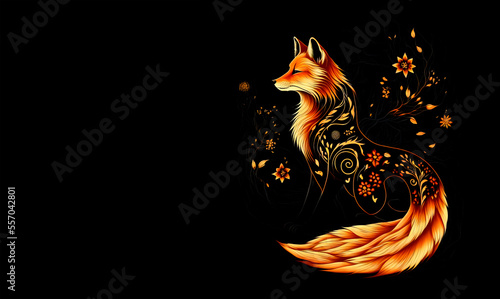Magic fox in flames on black background. Fire kitsune on black background. Fairy flame fox illustration. Magical beasts and animals.