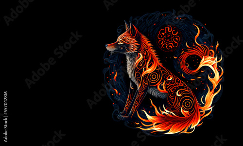 Magic fox in flames on black background. Fire kitsune on black background. Fairy flame fox illustration. Magical beasts and animals.