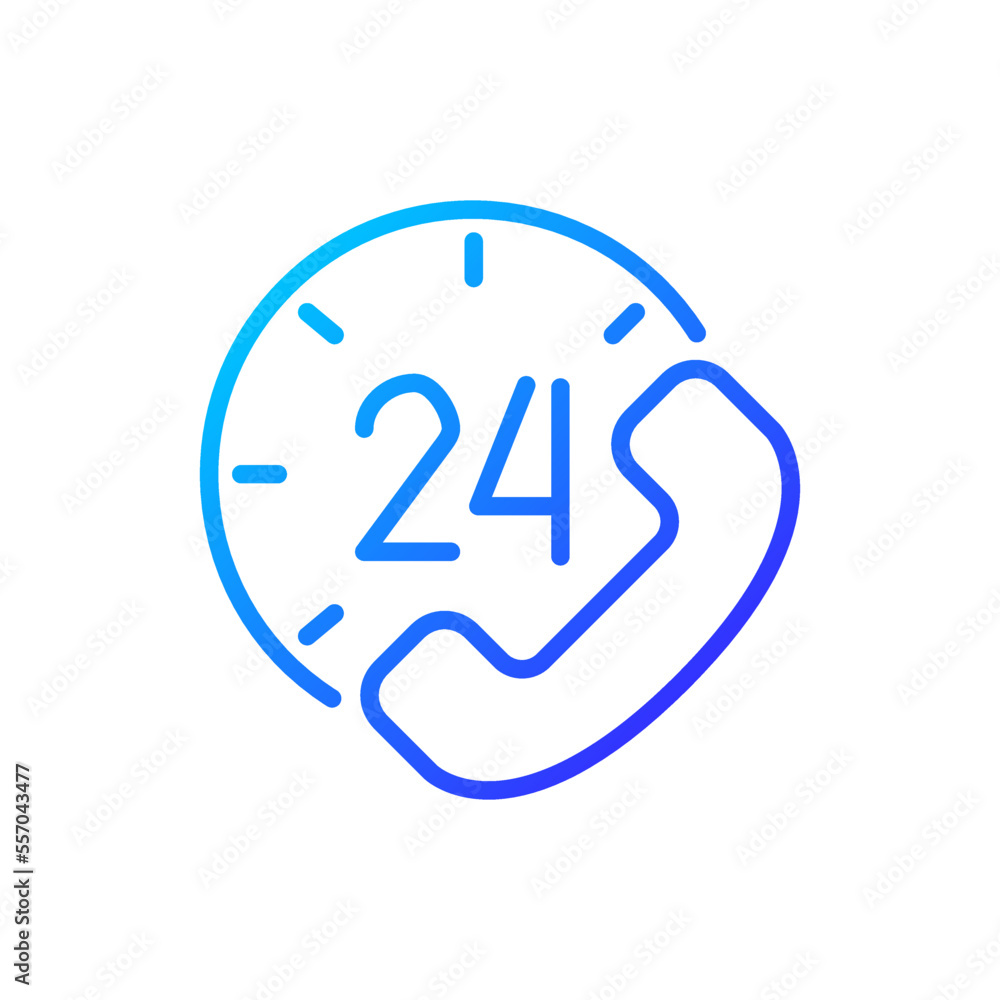 Round-the-clock support pixel perfect gradient linear vector icon. 24 hour call answering service. Helping customers. Thin line color symbol. Modern style pictogram. Vector isolated outline drawing Round-the-clock support pixel perfect gradient linear vector icon. 24 hour call answering service. Helping customers. Thin line color symbol. Modern style pictogram. Vector isolated outline drawing