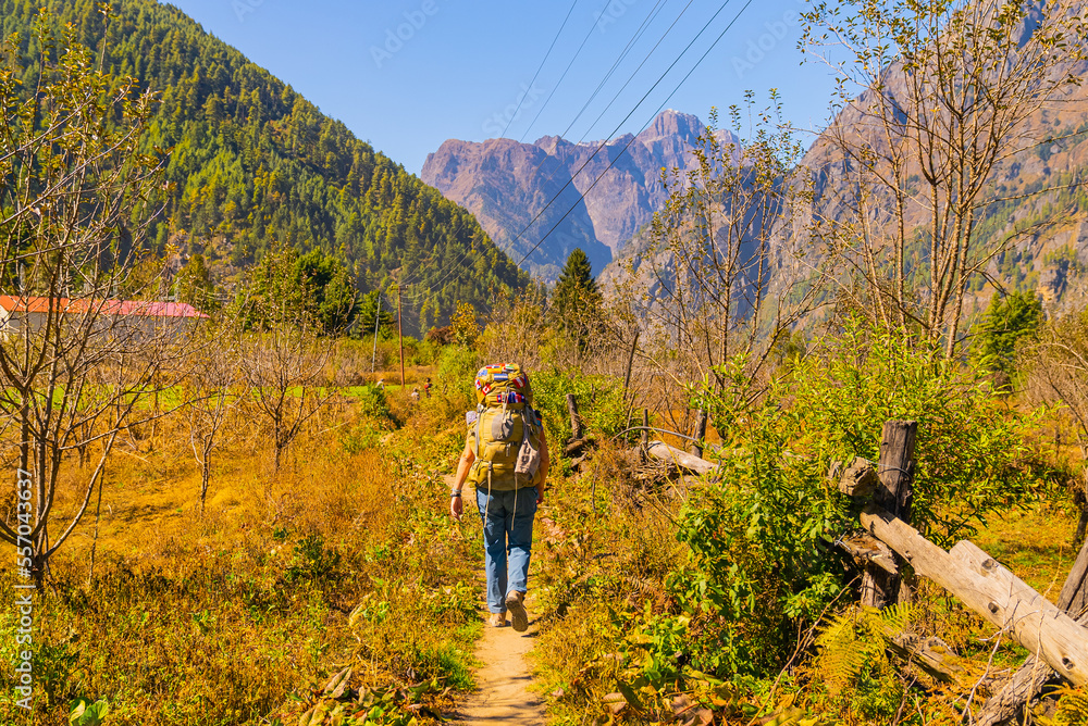 Female trekker walking on small footpath, part of the Annapurna Circuit Trek, Nepal Female trekker walking on small footpath, part of the Annapurna Circuit Trek, Nepal