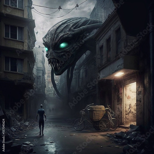 Fotografie, Obraz Alien invasion and huge alien staring at a human on the street