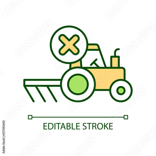 Avoid tillage RGB color icon. Farm tractor breakage. Agricultural vehicle failure. Stop cultivation. Isolated vector illustration. Simple filled line drawing. Editable stroke. Arial font used