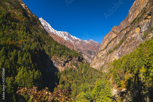 Picturesque landscape with himalayan mountains in the distance on the Annapurna circuit trek, Nepal