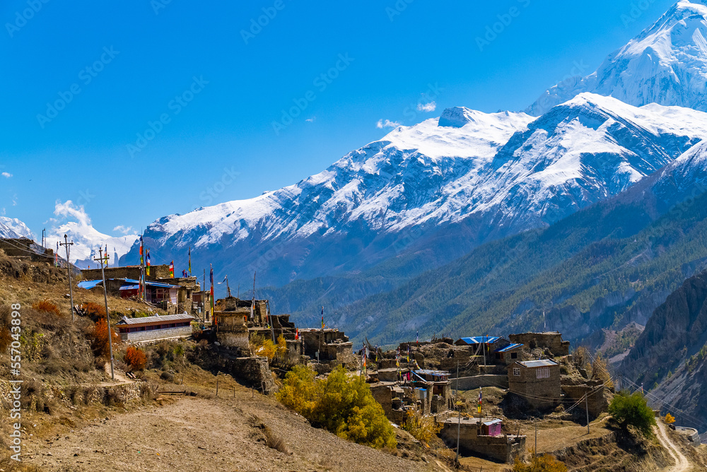 Small high altitude village with snowy Annapurna mountain range in the distance, Nepal