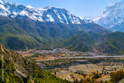 Picturesque landscape of the Annapurna Circuit trek and the city Humde on a sunny fall day