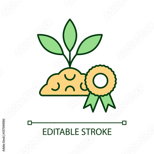 High quality soil RGB color icon. Agriculture. Healthy ground. Growing seedling. Farmland cultivation. Isolated vector illustration. Simple filled line drawing. Editable stroke. Arial font used