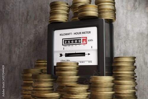 Stacks of gold coins around an electric meter. Illustration of the concept of increasing household energy bills. photo