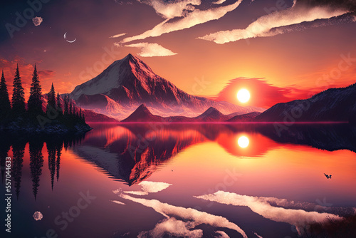 Beautiful sunset over a lake and a mountain. Generative AI © 2rogan