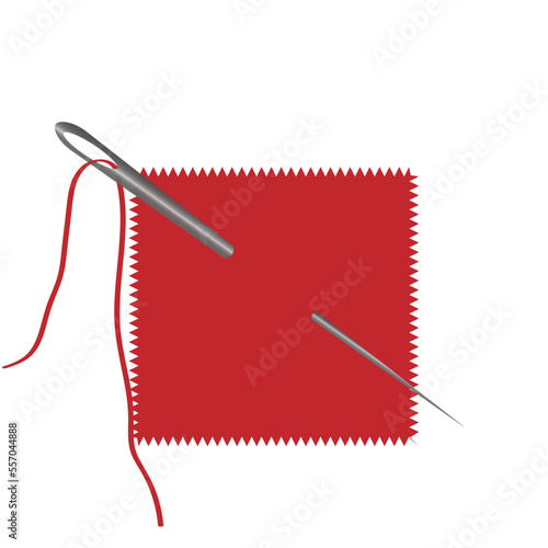 On a white background is a piece of red fabric, into which a needle with a red thread is stuck.