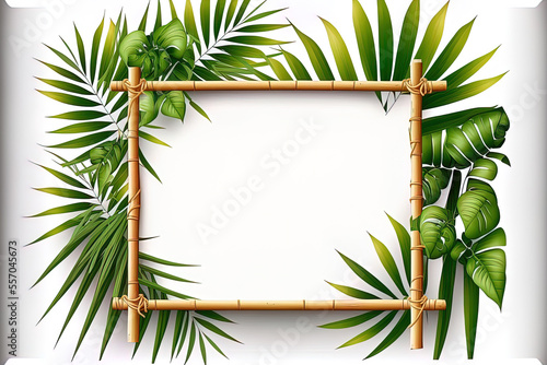 Tropical signboard bamboo frame template with ropes and copyspace for the text, isolated on a white transparent backdrop. Generative AI