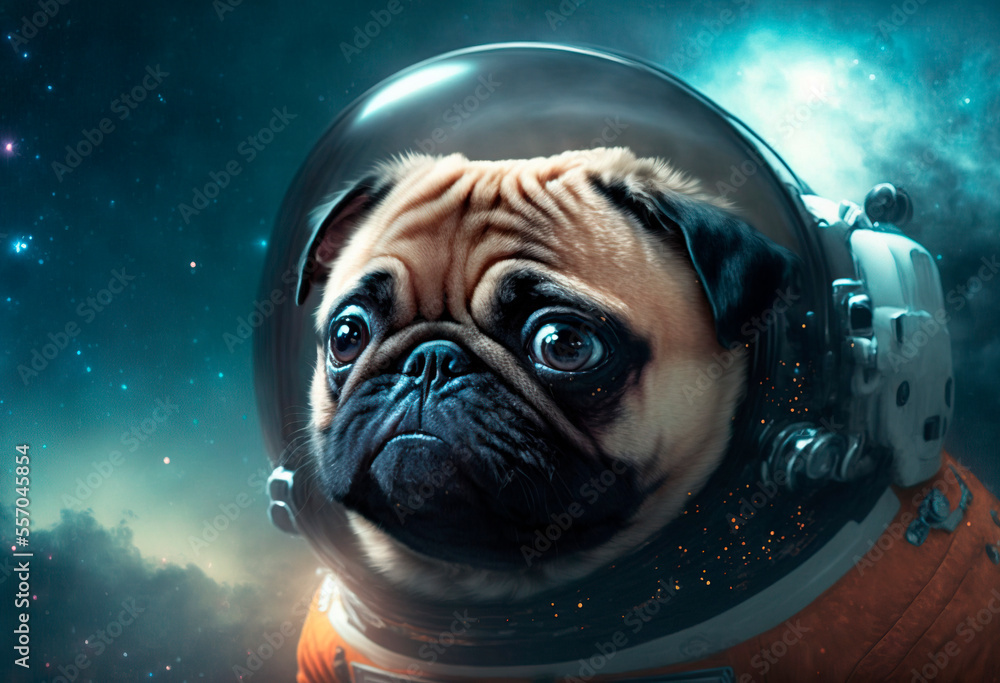 Generative AI illustration of the french bulldog in a spacesuit on the background of outer space. Beautiful fantastic wallpaper. Futuristic concept art.